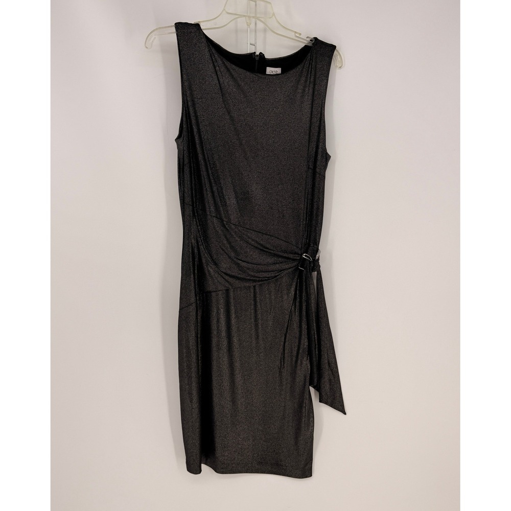 Cache Sheath Dress Womens Large Black Silver Metallic Shimmer Drape Cocktail LBD